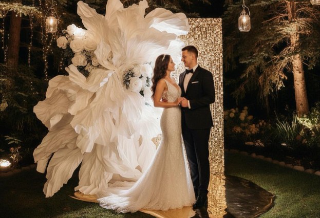 Novios junto a una composición floral de tela de gran formato