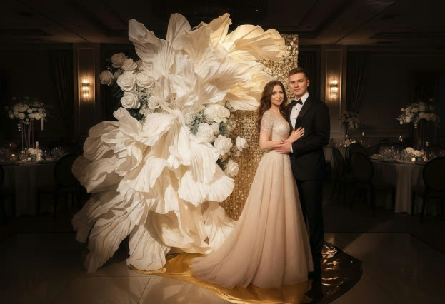 Novios junto a una flor gigante de tela en el salón