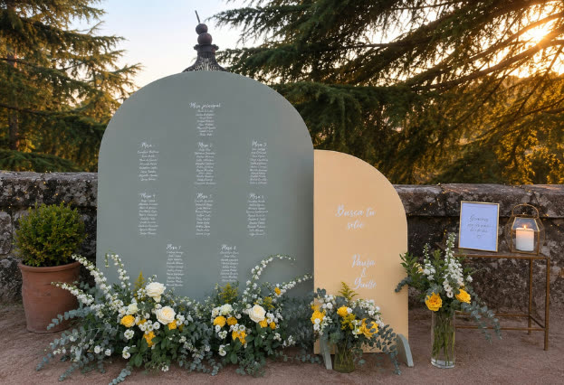 Panel de bienvenida decorado con flores naturales