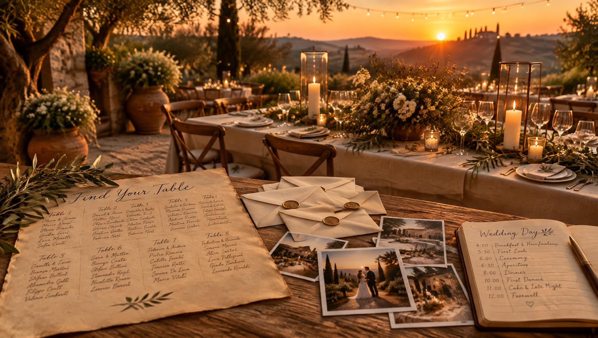 Mesa de boda preparada al atardecer con plano de invitados, invitaciones y velas